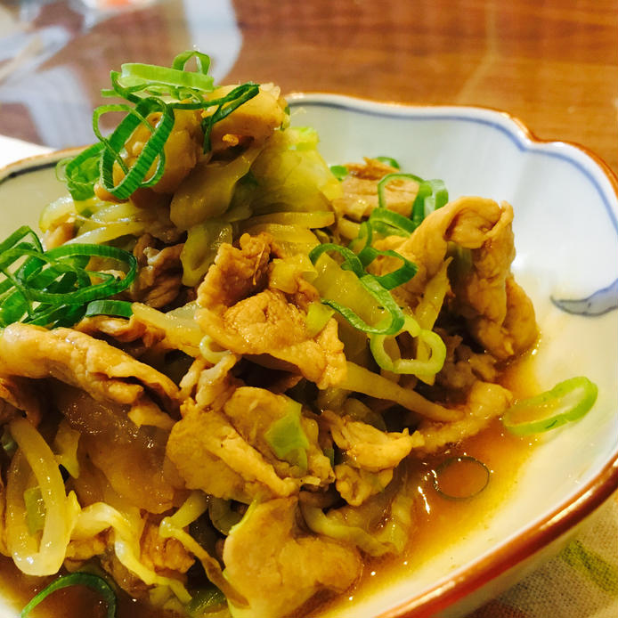 青ネギを散らした豚肉とキャベツ、もやしのカレー炒め