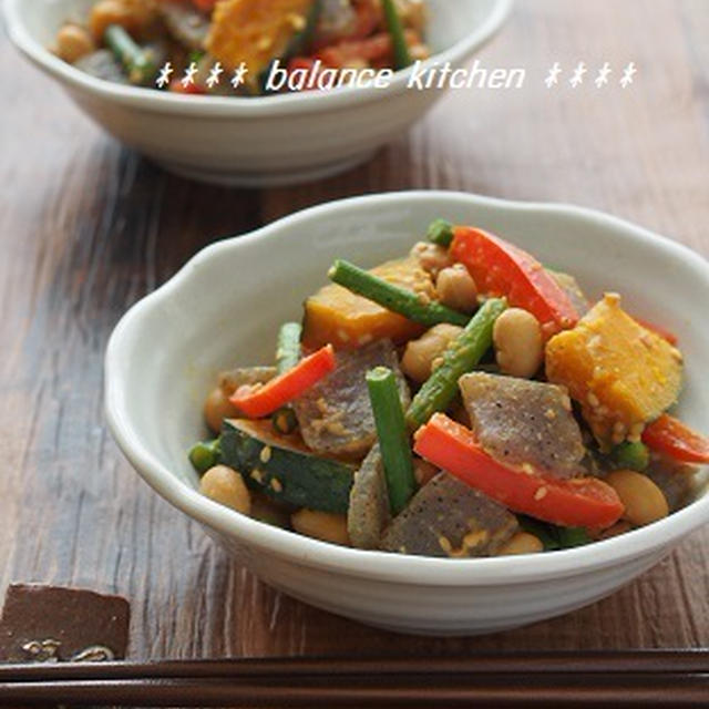【スローカロリーレシピ】こんにゃく入り 大豆と彩り野菜のごま味噌炒め