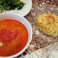 スンドゥブスープで「トマトとモッツァレラチーズのつけスパゲティ」。