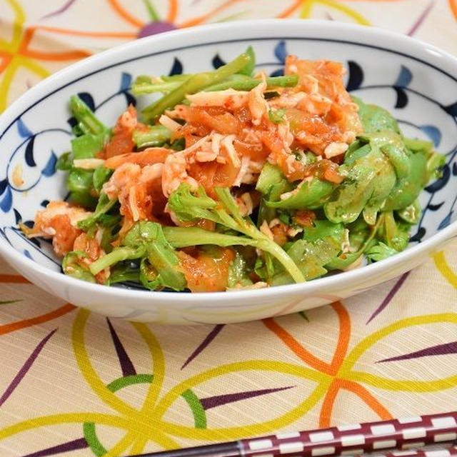 【レシピ】簡単５分！サラダチキンと春菊のキムチあえ
