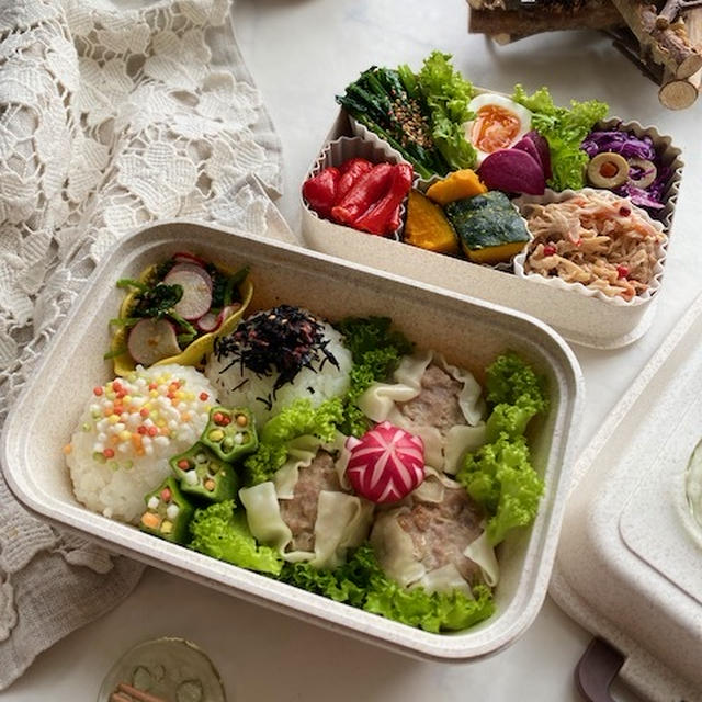 手作りシュウマイとコロコロおにぎりで本日の夫弁当・・とダイソーのソフトふりかけ