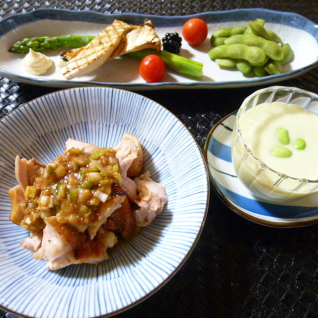 鶏もも肉の麹にんにく醤油ネギソースと枝豆スープの献立　夕ご飯