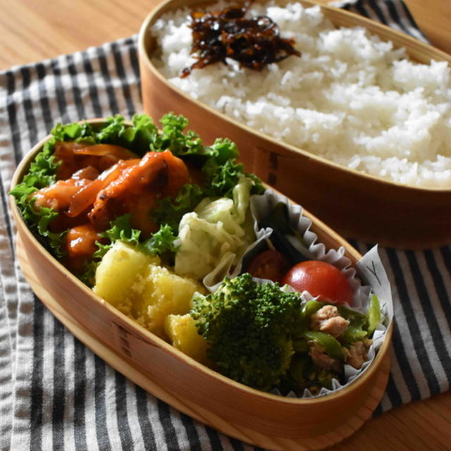 【甘辛チキンチャップ】#むね肉#節約#簡単#ご飯のおかず　…今週ラストのお弁当と朝ごはん