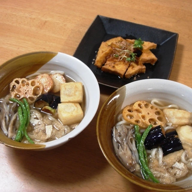 昨夜は素揚げ野菜と揚げ餅のうどんともつ鍋など～