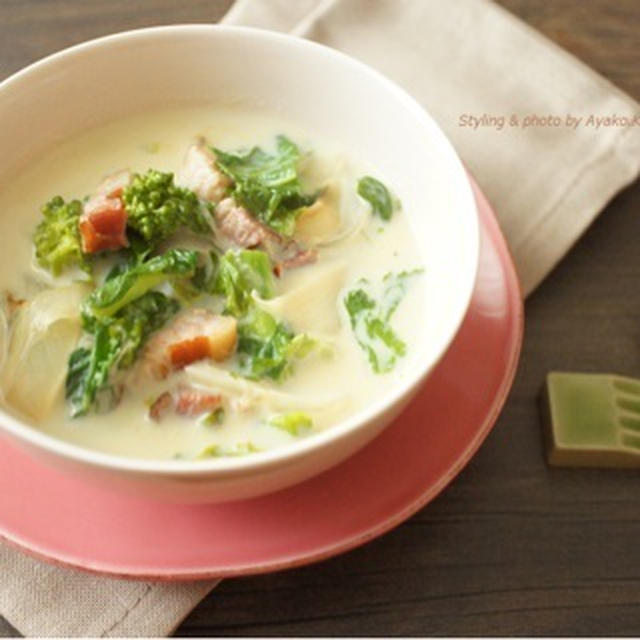 【ラルーン掲載】◆葉酸をたっぷり摂取！菜の花とベーコンの豆乳スープ