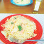休日ランチは、鮭とじゃがいものパスタで
