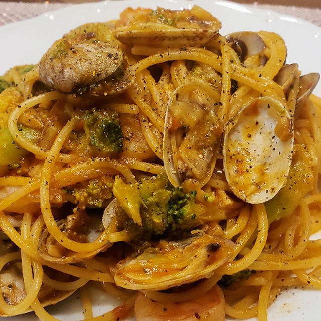 アサリとエビのパスタ、水羊羹