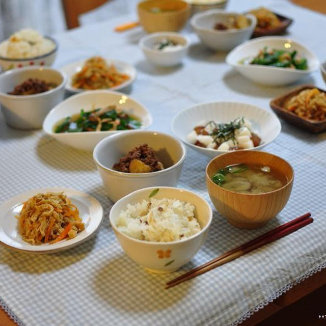 新じゃがとひき肉の甘辛バターとニラの煮浸し、コメの消費量について（2011年5月現在）