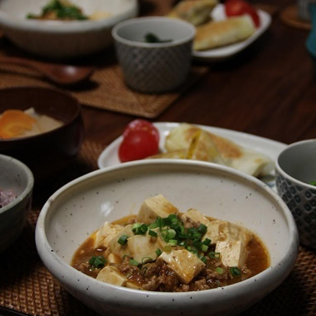 四川麻婆豆腐風 と かぼちゃサラダの焼き春巻き。