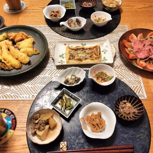 ふき味噌揚げ焼、ローストビーフサラダに買ってきた天ぷらも　小鉢6品で晩酌