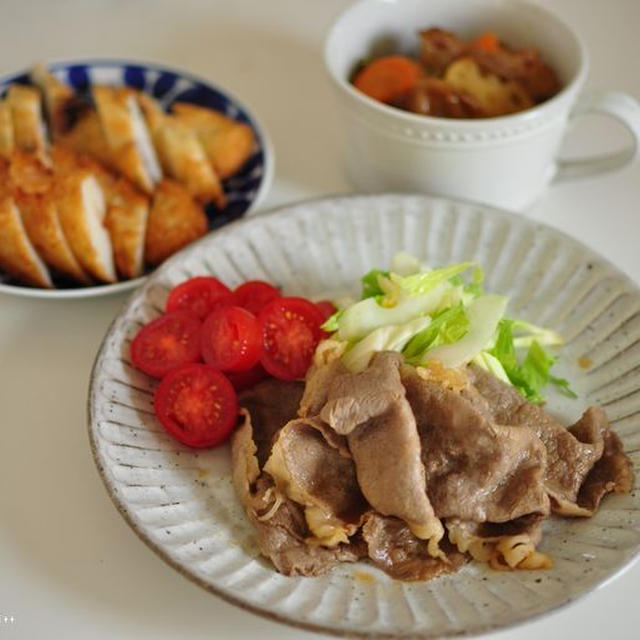 牛しゃぶしゃぶの辛子醤油和えと根菜のこってり煮と、今日から2学期