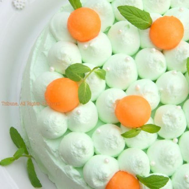 Pastel Green Cake with Cantaloupe Balls真ん丸メロンのせパステルグリーンのケーキ