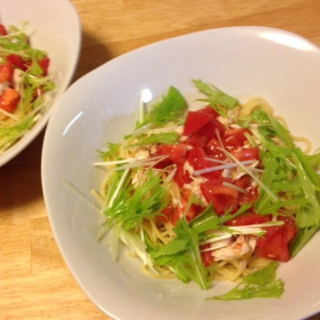 昨夜はささみとトマトと水菜の冷製パスタ～