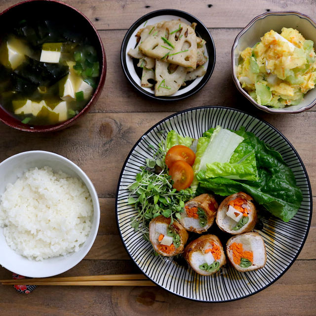 野菜ときのこの肉巻きロール　