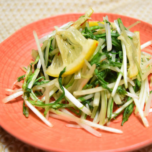 水菜の浅漬け風サラダ。たっぷりの水菜がぺろりと食べられるさっぱりおつまみ。