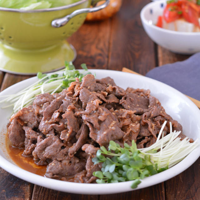 ごはんがすすむ牛炒め。【おかわり肉おかず・韓国風】大根だけの福神漬け。辛辛豆もやしの中華サラダのごはんの日。