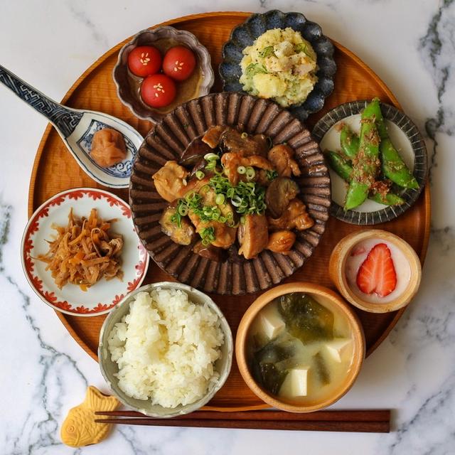 鶏肉と茄子の南蛮でまごわやさしい献立。