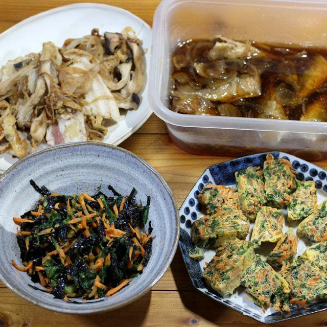 自家栽培コマツナの韓国海苔和え、コマツナ入り玉子焼きほか。