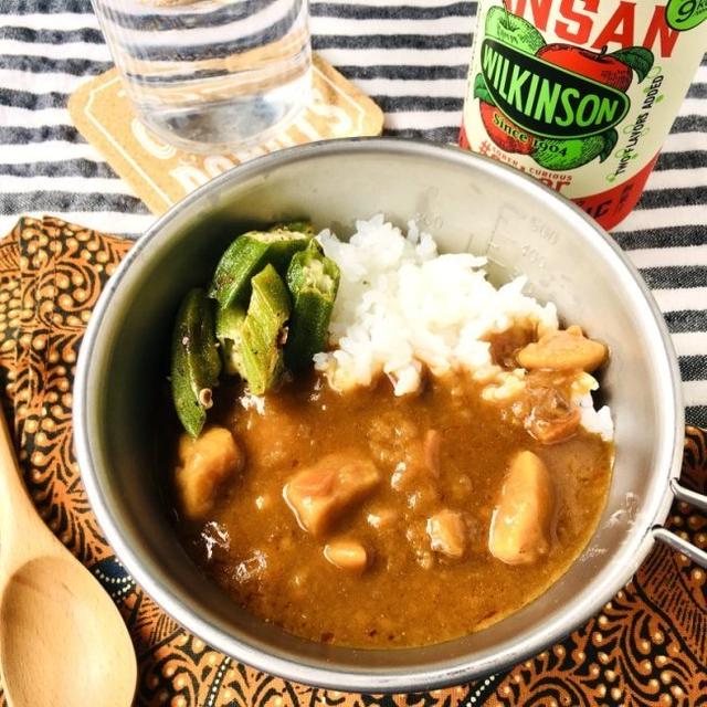 レトルトで、シェラカップのカレー丼　ワークマンのテーブル持って、公園でコーヒー