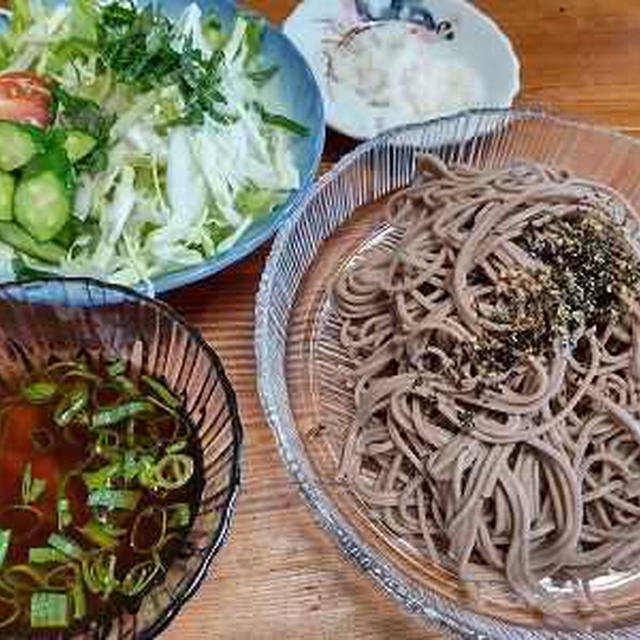 ざる蕎麦とサラダの昼ご飯