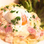 とろろの豆乳マスタードパスタ温玉のせ