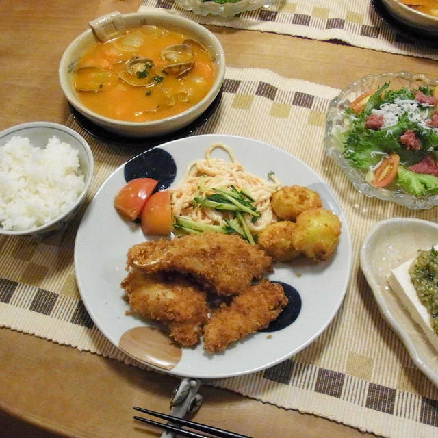 鱈フライ＆ブイヤベース風アサリのスープの晩ご飯♪