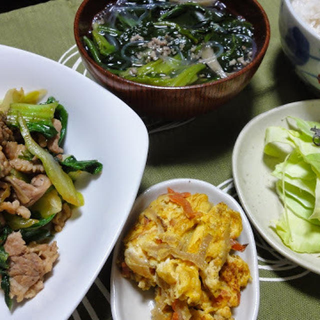 【残り物も使って晩ごはん】豚肉と青梗菜の炒め物献立。
