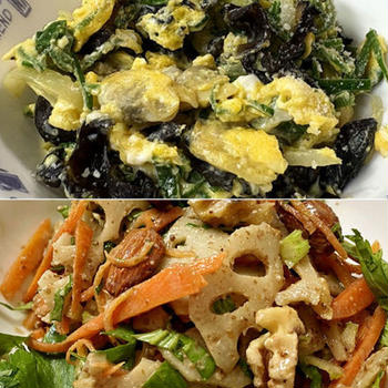 冷凍アサリと木耳の卵炒め＆レンコンの胡麻ドレッシング和え＆育ってきたジャガイモ♪