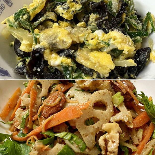 冷凍アサリと木耳の卵炒め＆レンコンの胡麻ドレッシング和え＆育ってきたジャガイモ♪