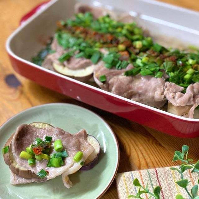 【レンジでらくらく！】豚肉と茄子とニラの重ね蒸し