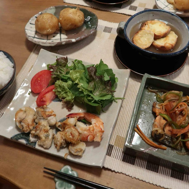 牡蠣,帆立,海老のソテー＆鮭の南蛮漬けの晩ご飯　と　クリスマスローズ♪