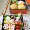 小海老と玉子そぼろの手毬寿司とサーモンとクリチー春巻きのお弁当 by shokoさん