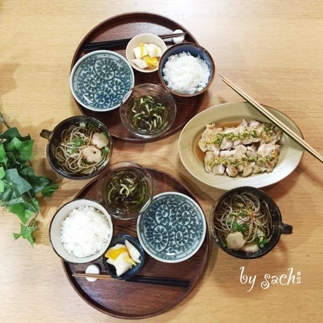 夕食☆レンジで簡単！蒸し鶏のレモンねぎ醤油かけ　もずく酢きゅうり　オレンジ大根　かけ蕎