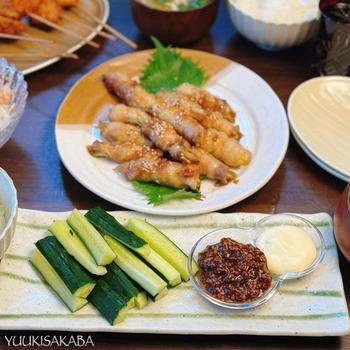 暑い日にバリバリ食べたい！子どもも喜ぶ！やみつき「肉味噌きゅうり」とサクサク串揚げ♪