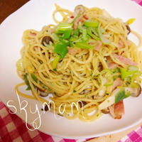 時短パスタ☆キノコとネギとベーコンのペペロンチーニ