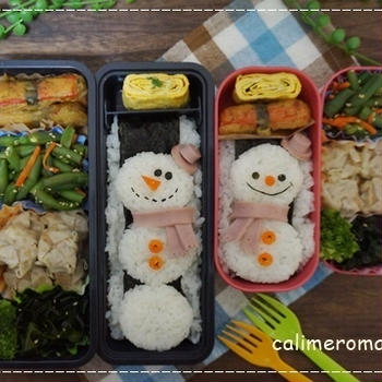 【息子と娘のオベントウ】　雪だるまのお弁当