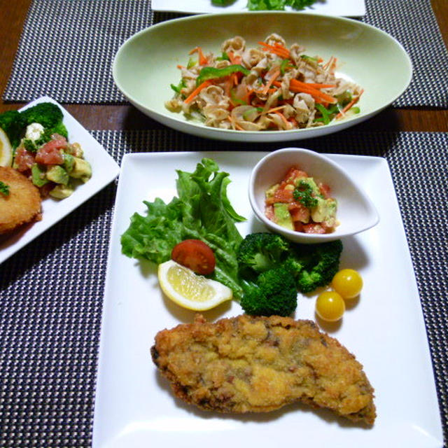 カツレツとホタテのひものポン酢和えの献立　夕ご飯