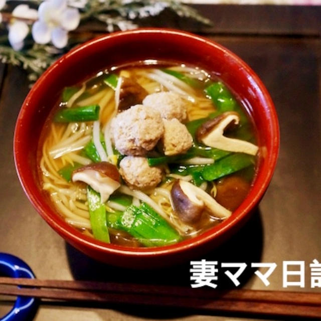 肉団子ニラもやし蕎麦♪ Meat Ball & Bean Sprout Noodle