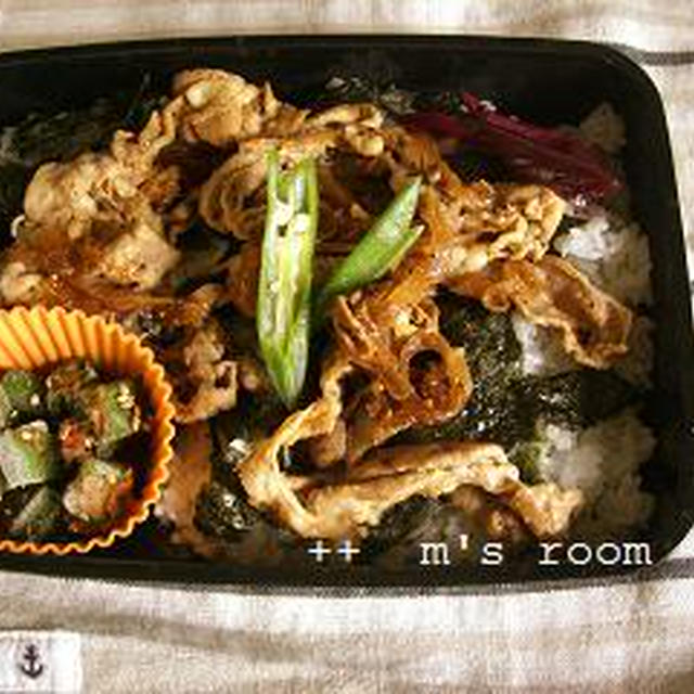 【朝は簡単にお弁当を作りましょぅ・生姜焼き、ﾒﾝﾁ、海老ｱｽﾊﾟﾗ】