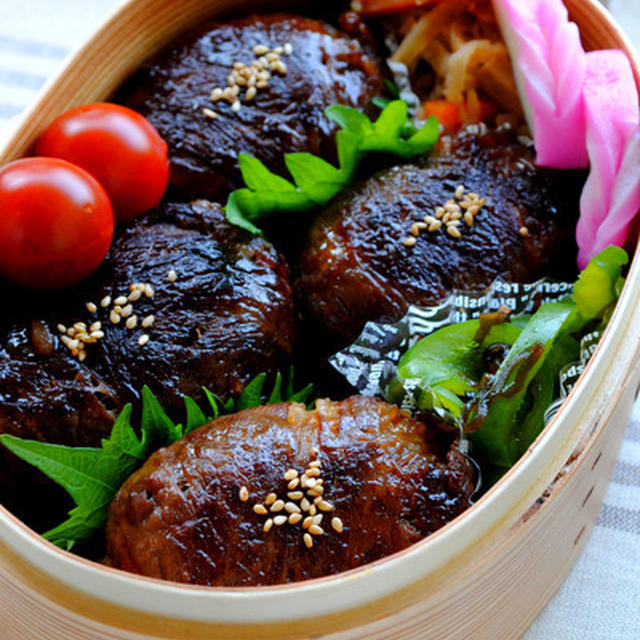 肉巻きおにぎりのお弁当（息子弁）
