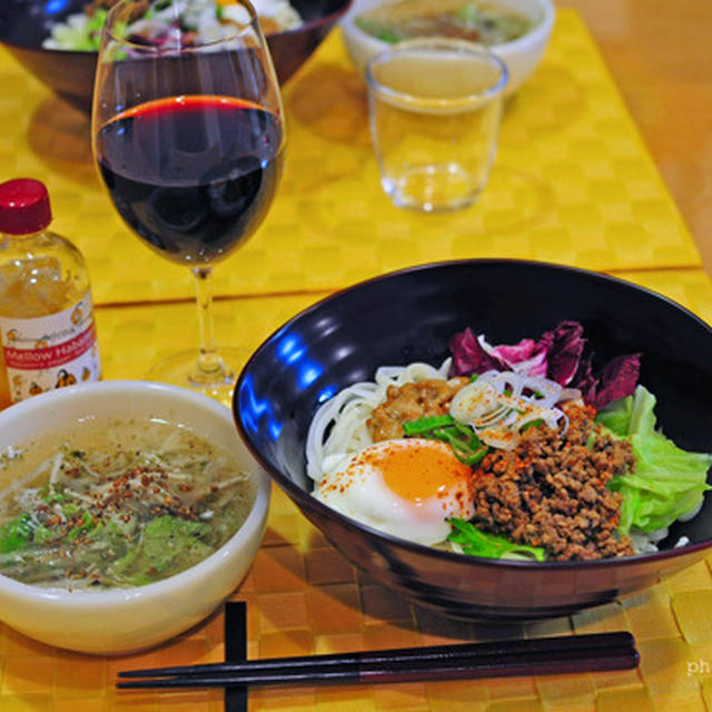 １２月７日　土曜日　おべんとなし　ジャージャー麺風＆海苔なめたけスープ（前日の晩ごはん）