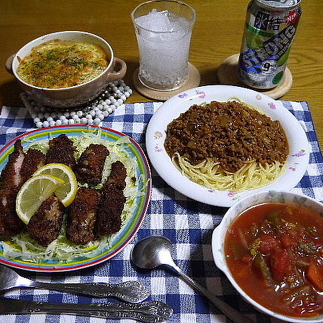 【夕食】スパゲッティミートソース・チキンドリア・チキンかつ…