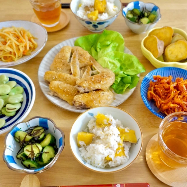 【さつまいもご飯のレシピ】と手羽先の生姜焼きの献立！結婚記念日でした