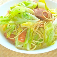 がっつりパスタでエネルギー充電！嬬恋高原キャベツとソーセージのペペロンチーニ。