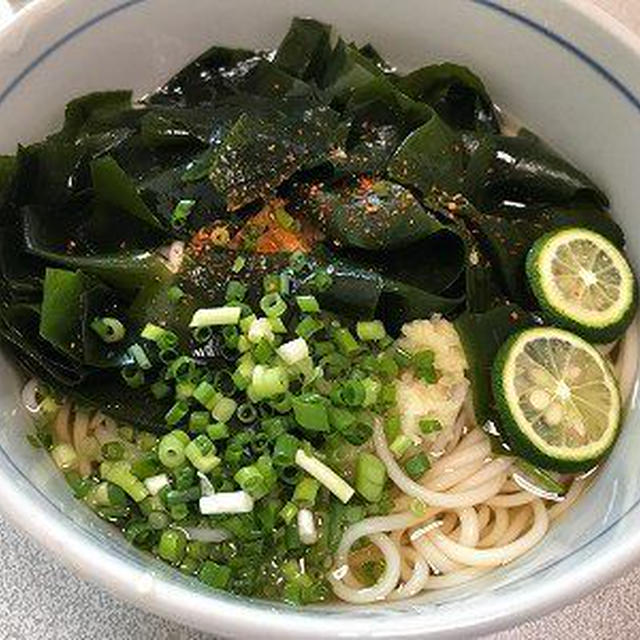 わかめ素麺。厚揚げ焼きと塩辛