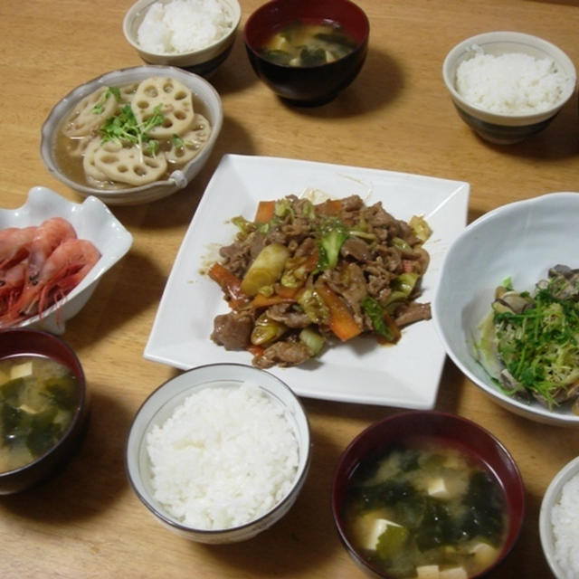昨夜は豚とキャベツの甘辛炒めやレンコンの煮物など～