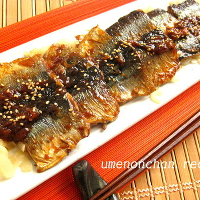 秋刀魚の梅蒲焼と玉ねぎのごま油炒め*･゜ﾟ･*:.｡..｡.:*･゜