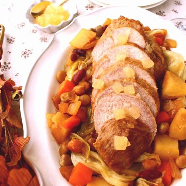 ひと鍋で作れる秋のごちそう！　豚もも肉とお豆のポットロースト～りんごジャム仕立て
