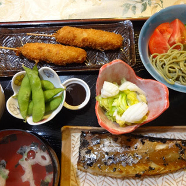 鯖の味醂漬け焼き、茶そばのサラダ