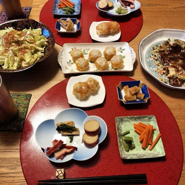 カニカマ玉、塩ダレきゃべつ、崎陽軒のチーズシウマイで晩酌